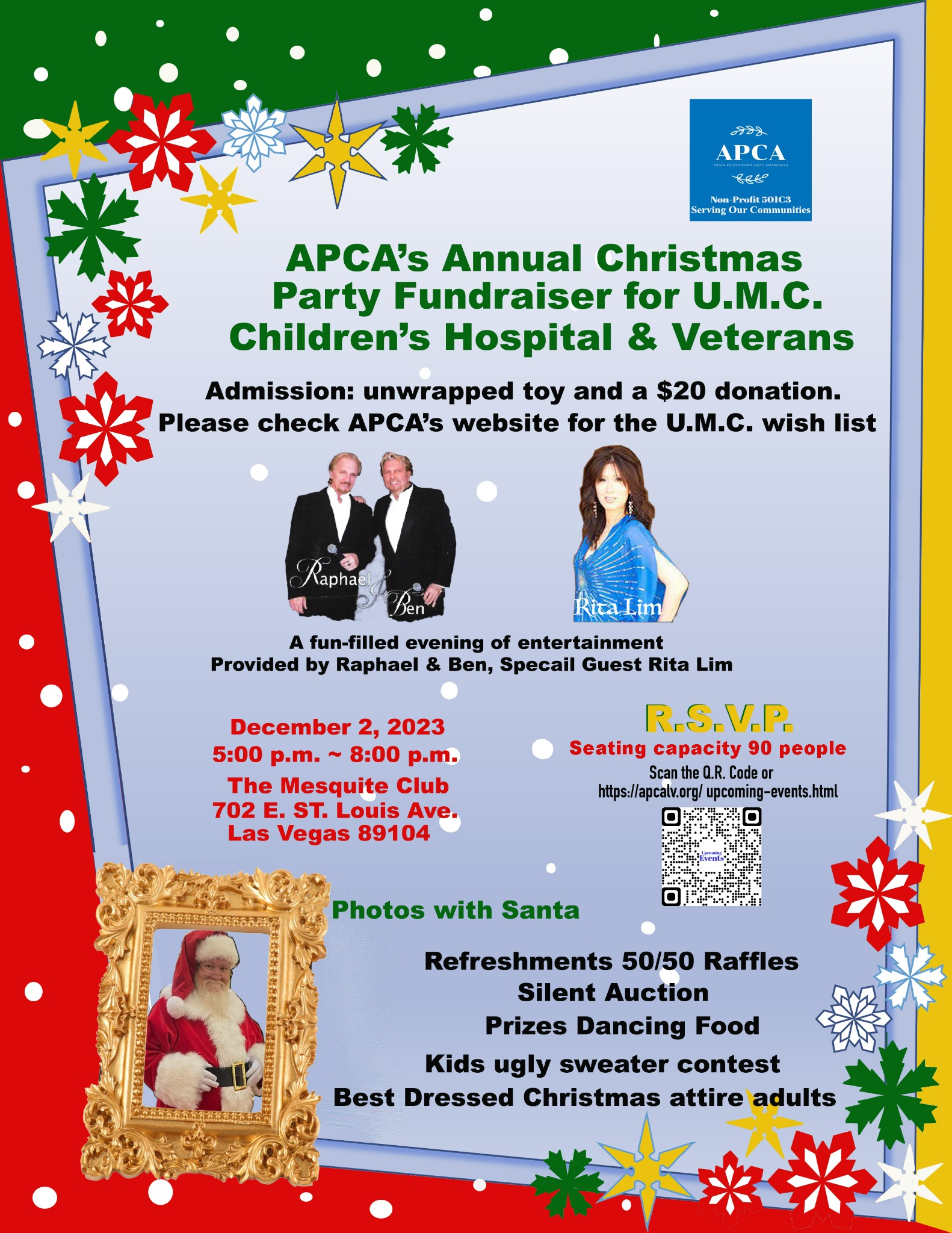 Flyer for APCA's 2023 Annual Christmas Party Fundraiser