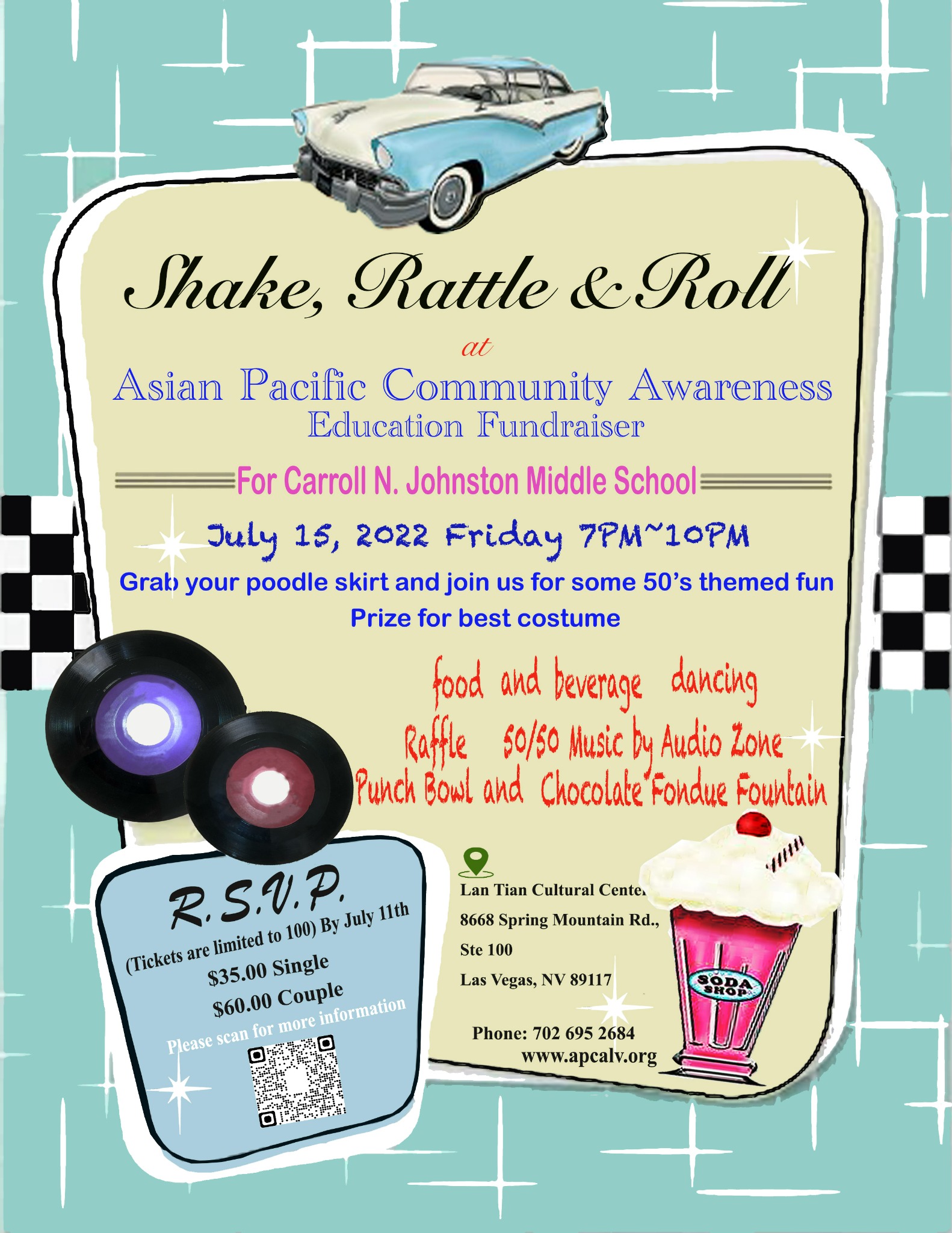 Flyer for the Shake, Rattle and Roll education fundraiser